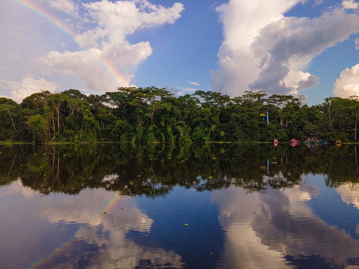 Laguna amazónica rodeada de selva tropical para turismo comunitario en Ecuador