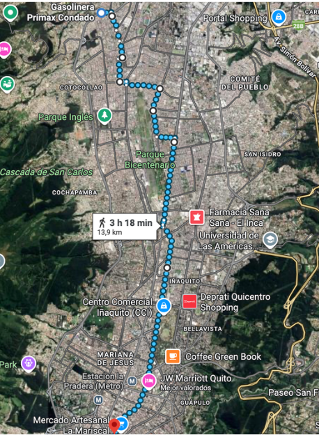 Mapa de la ruta Norte Centro Quito recorrida por los buses con publicidad Mini Vallas
