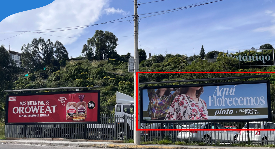 Valla publicitaria 7x2 m en el redondel de acceso al Scala Shopping Mall Cumbayá con publicidad de moda Aquí Florecemos Pinto